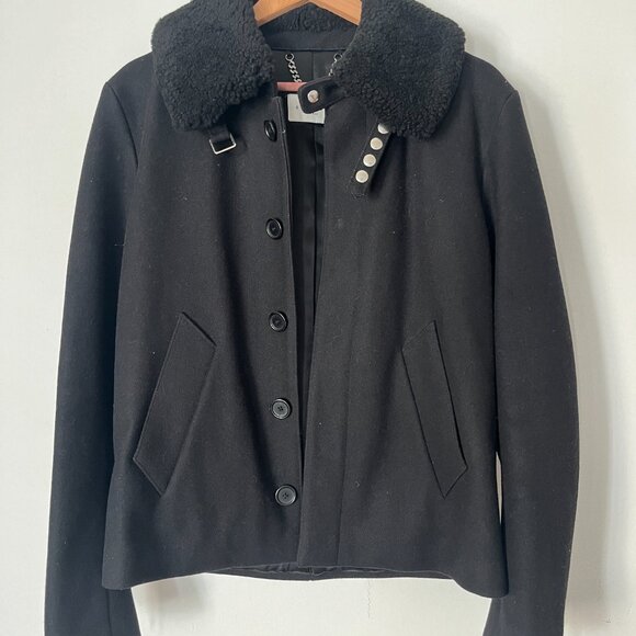 Shearling Trim Collar Black Wool Aviator Jacket - Picture 2 of 8